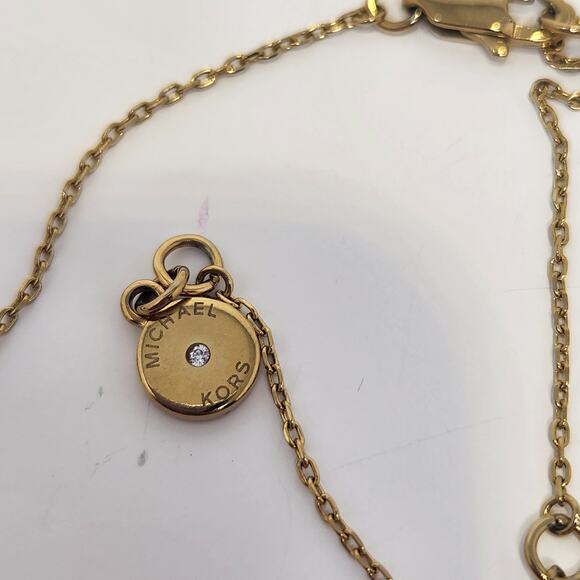 Michael Kors Logo Crystal Pave Round Pendant Chain Necklace Gold Tone Adjustable - Picture 4 of 7